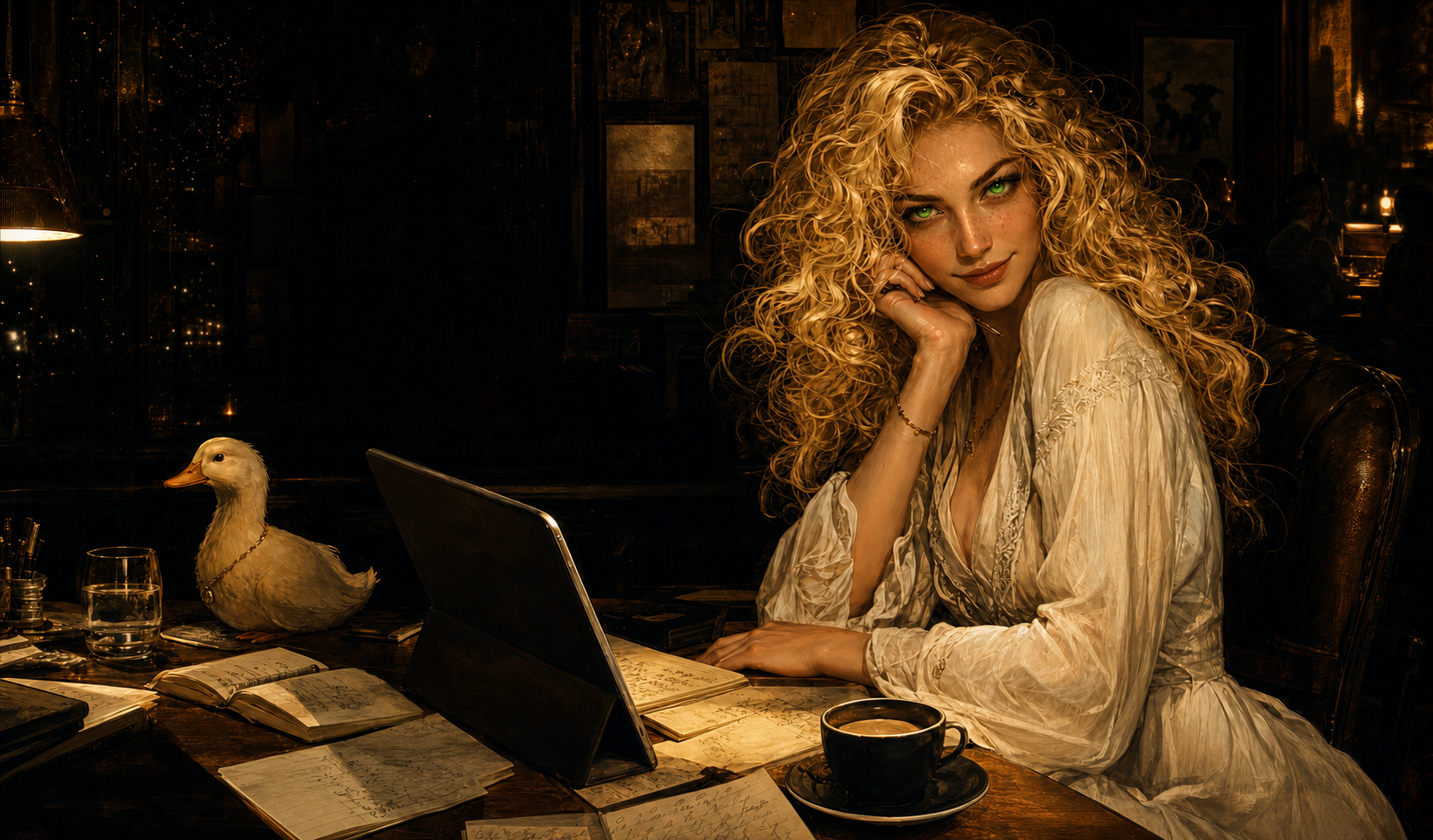Aeliss at a dark cafe desk with a laptop, a duck companion, and faint green digital eyes.