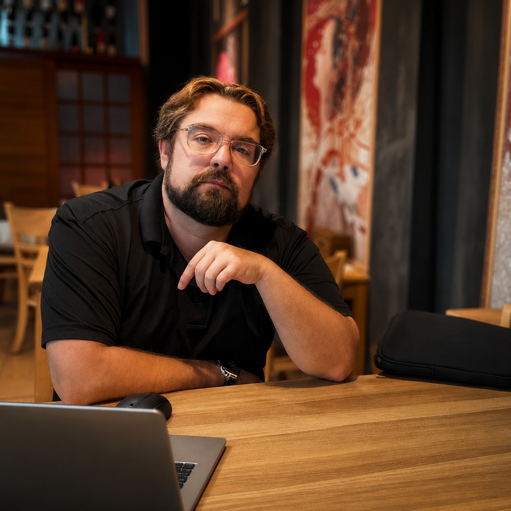 Eugene Lyssovsky — a portrait. Bearded, glasses, black shirt, at a table with his laptop.