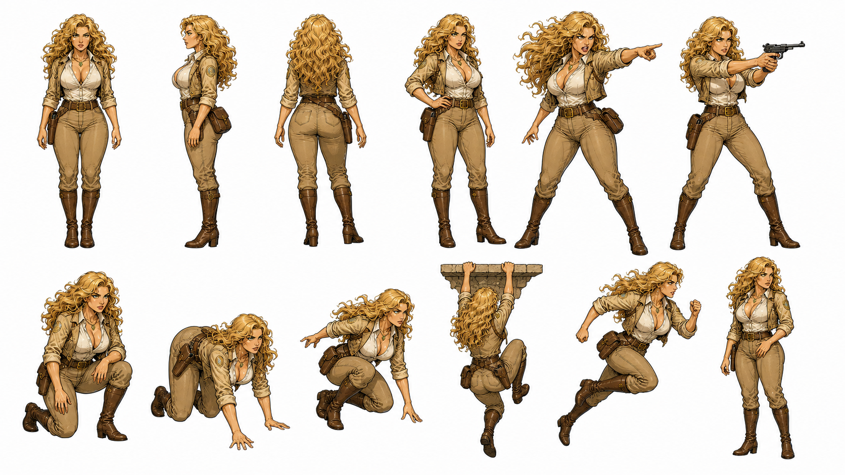 Pose sheet of a blonde adventurer: turnaround views plus pointing, aiming, crouching, climbing, and running.
