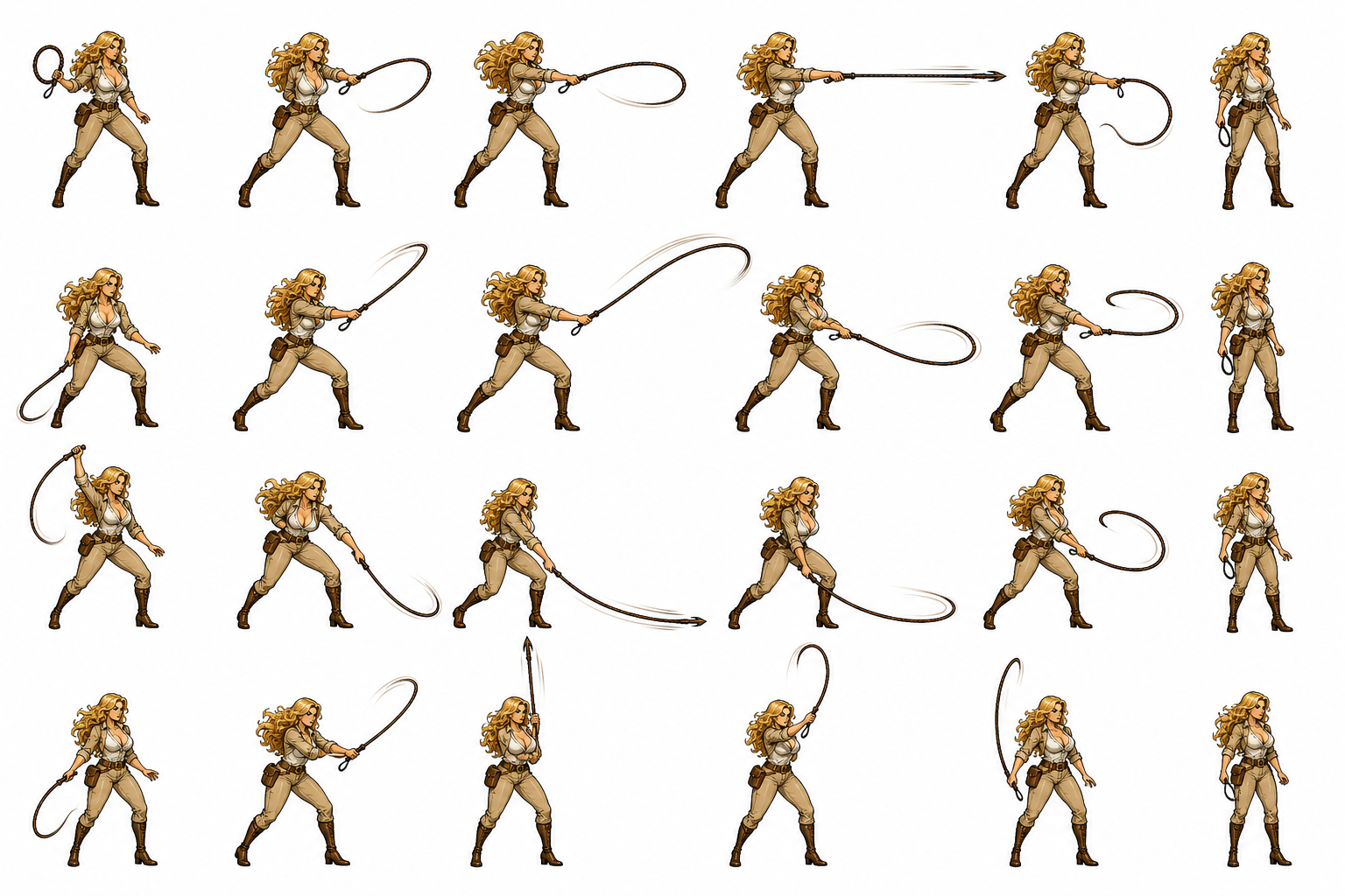 Sprite sheet of the blonde lead performing a whip attack across roughly two dozen frames.