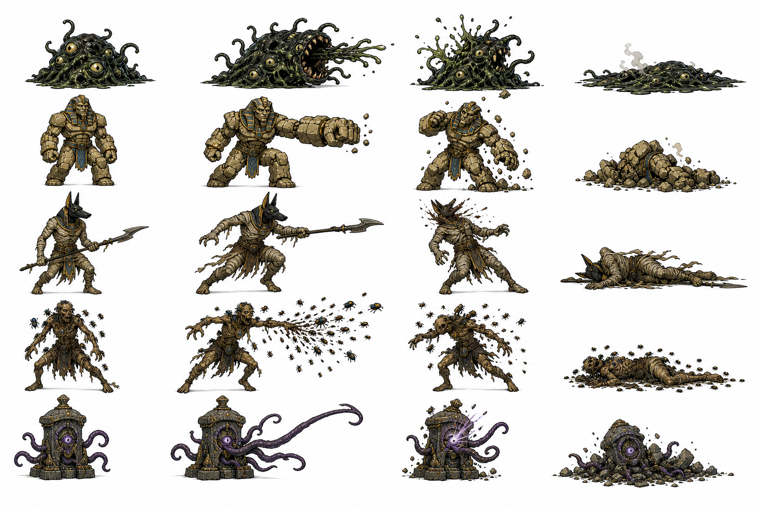 Bestiary sheet of five creatures: a many-eyed tentacled mass, a stone golem, a jackal-headed halberdier, a swarm-spewing figure, and a tentacled shrine.