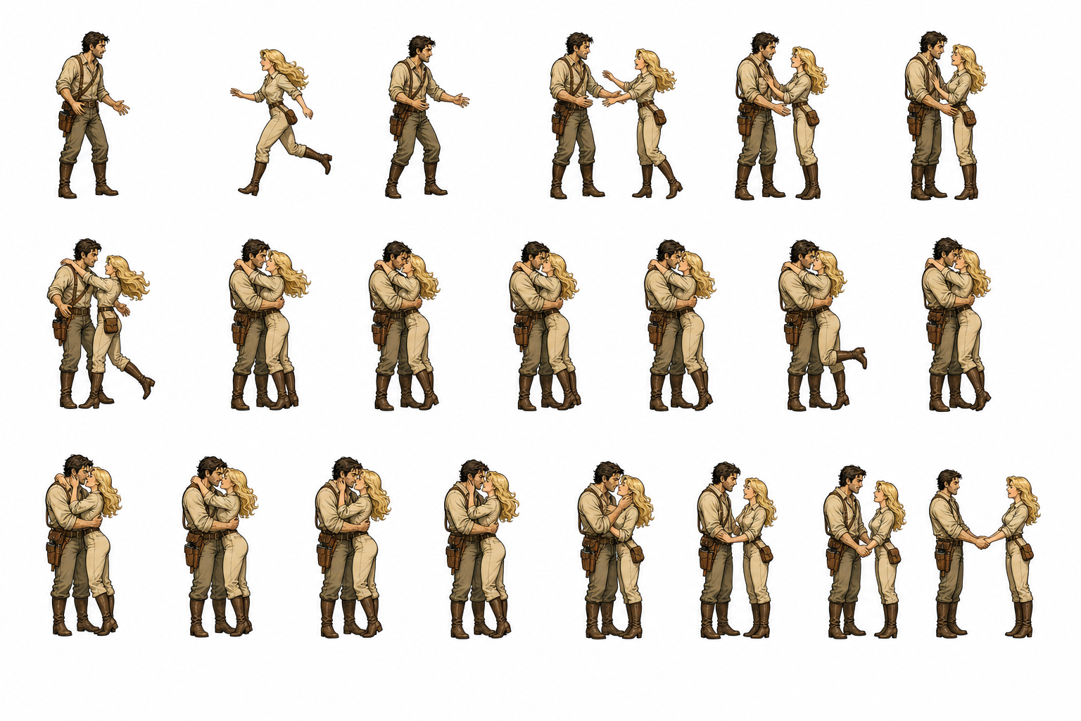 Joint animation sheet of the two leads running together, embracing, and separating hand in hand.