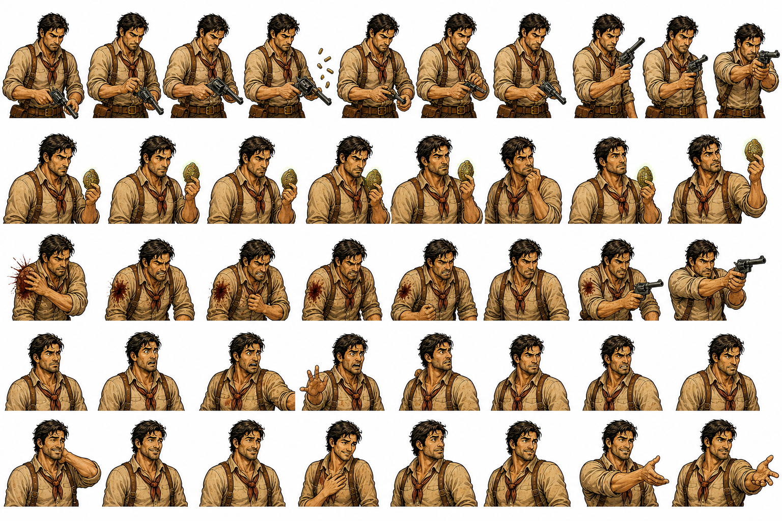 Expression sheet of the male lead: reloading a revolver, eating, wincing through a wound, aiming, and gesturing.
