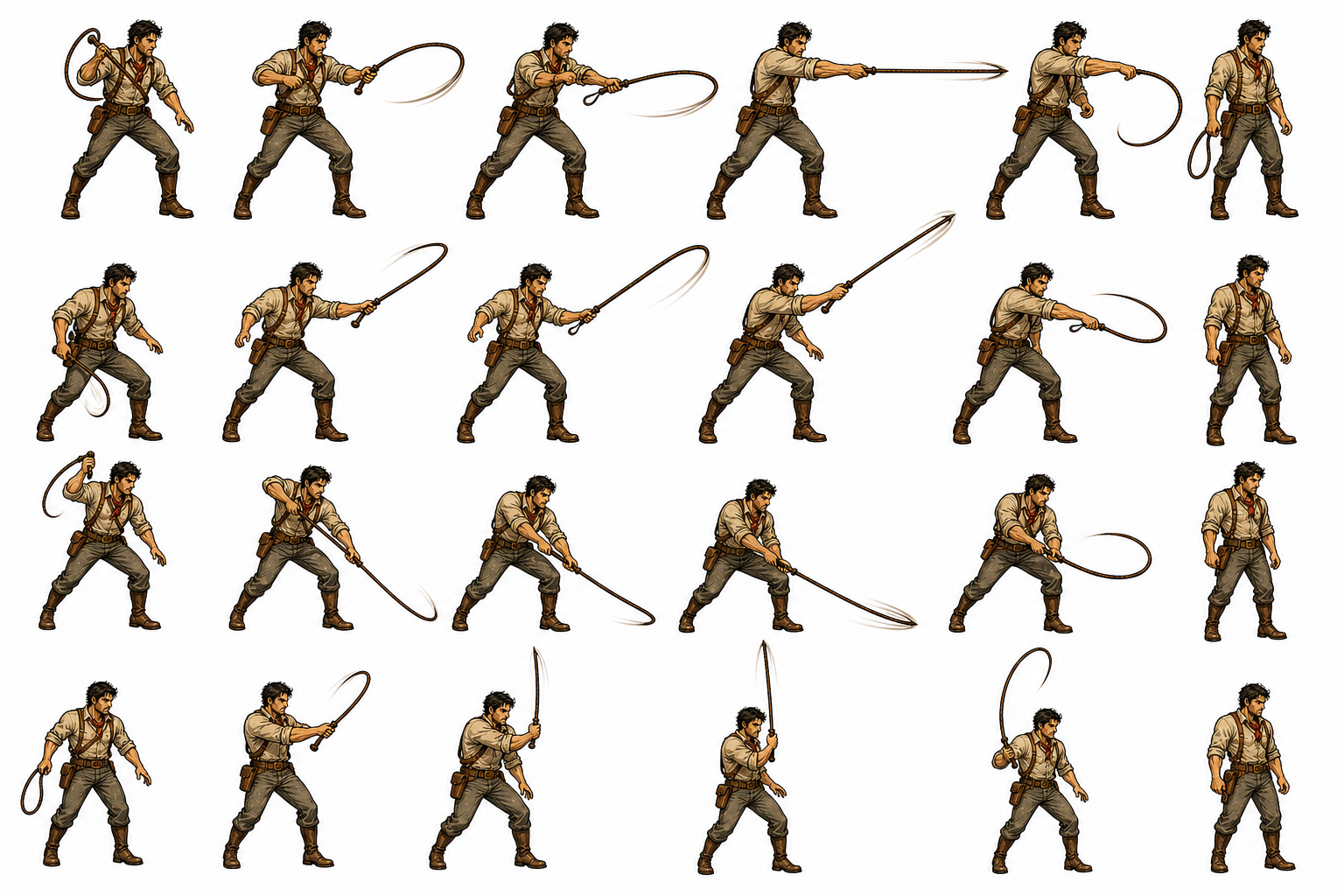 Sprite sheet of the male lead performing a whip attack through a full animation cycle.