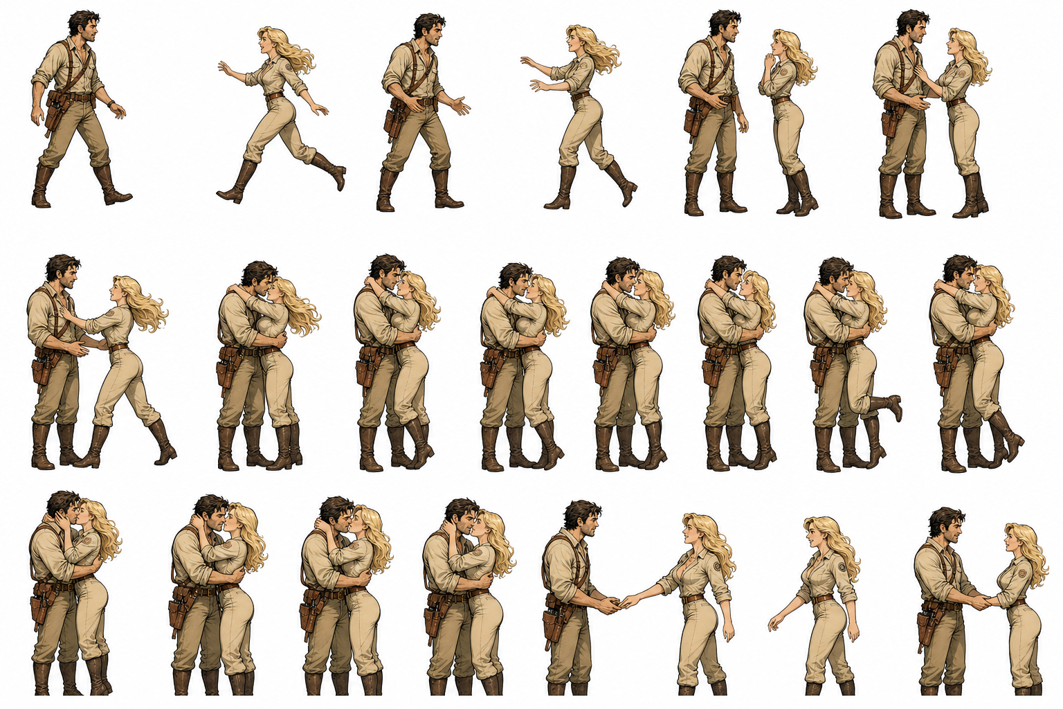 Joint animation sheet: the two leads cross toward each other, meet, embrace, and part holding hands.
