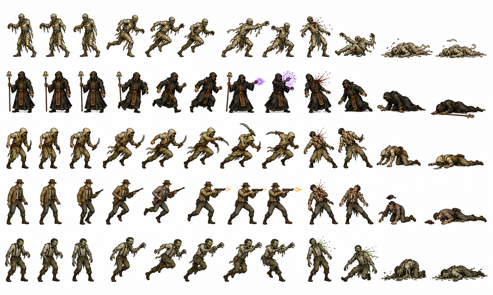 Enemy roster sprite sheet: a shambling ghoul, a robed cultist mid-cast, a scythe-bearer, and a coated gunman, each with full cycles.