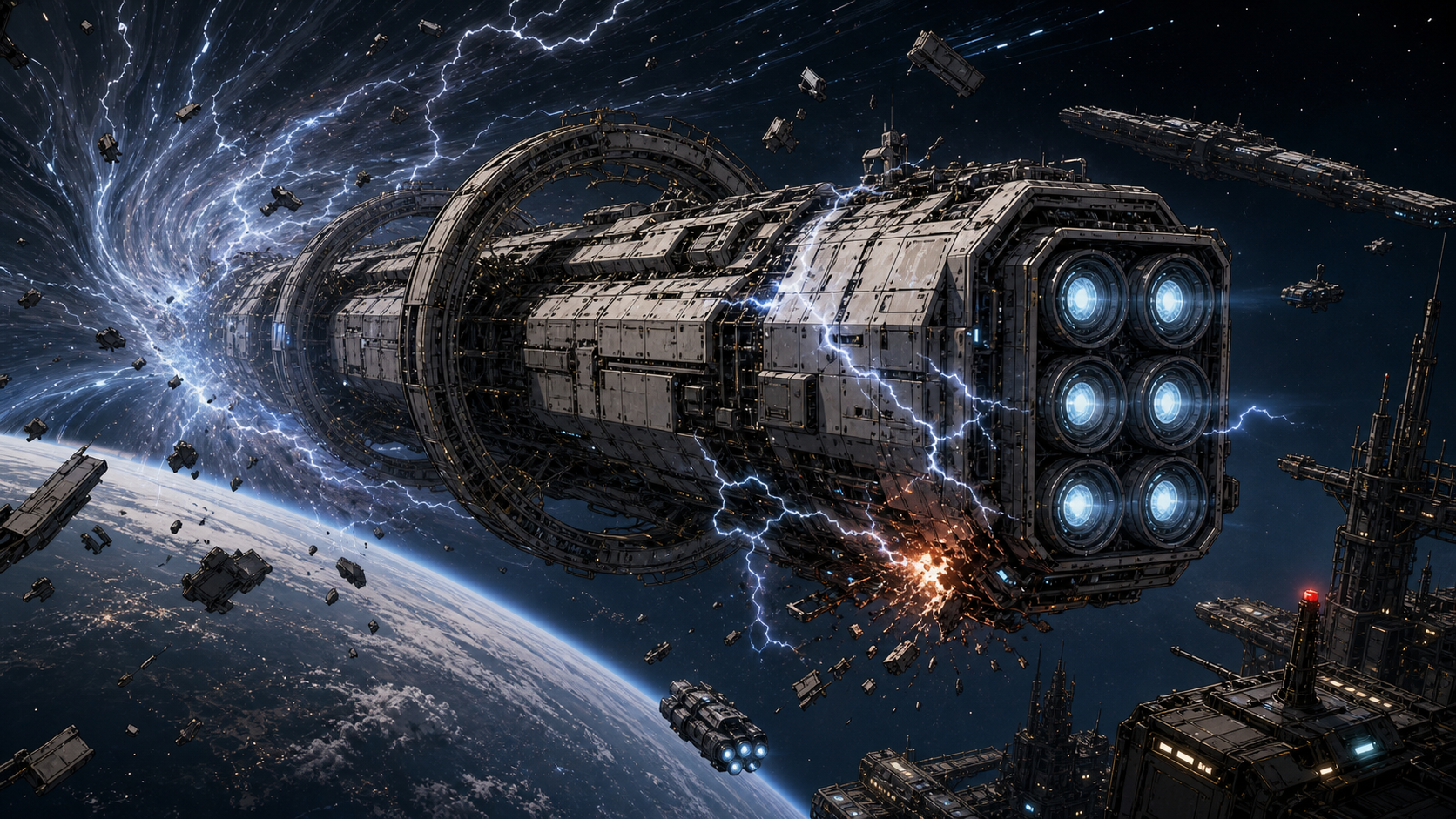 UNS Thea halfway through a warp aperture as the transition fails — the stern shears apart in violent warp effects.