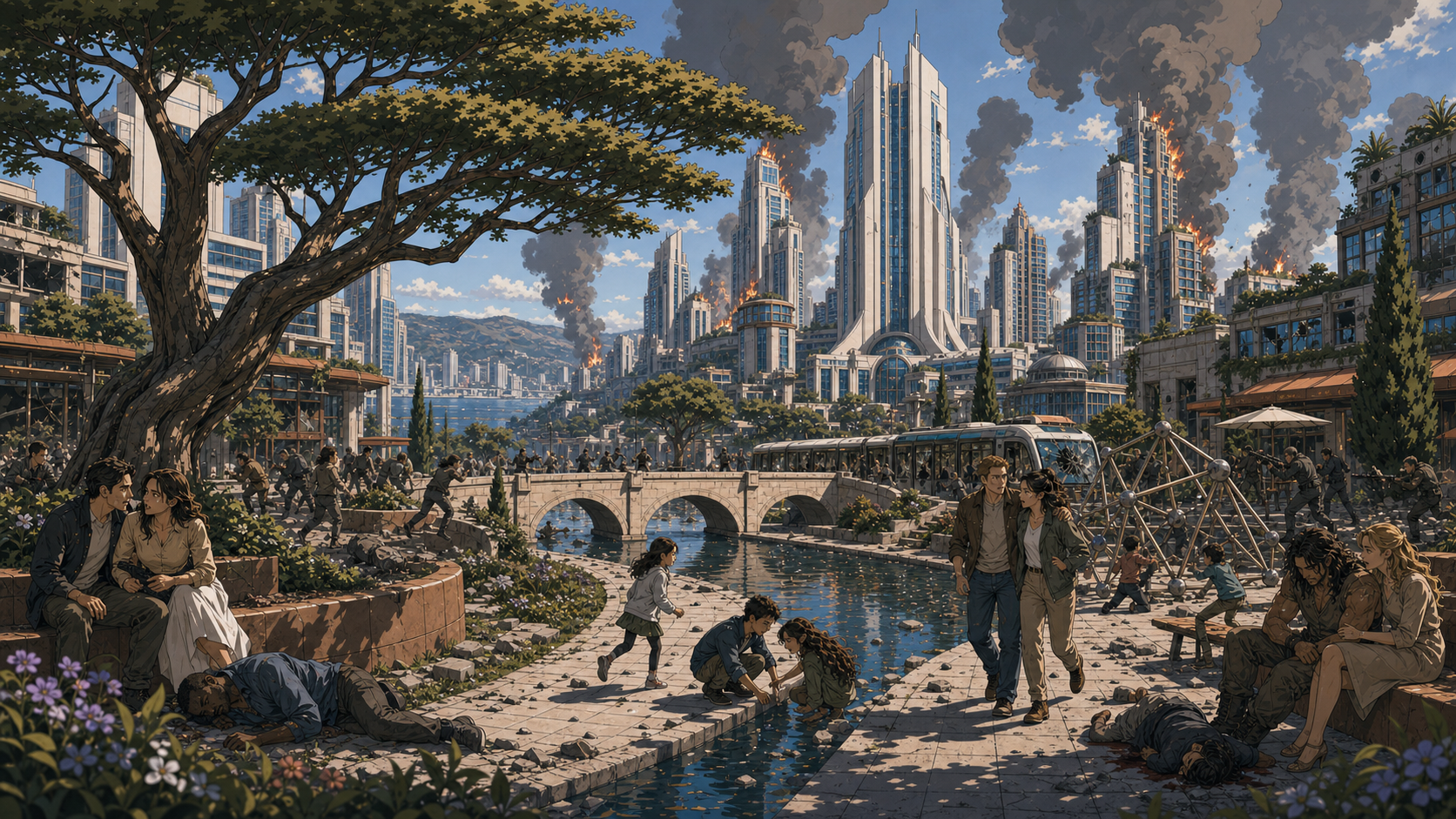 The same city as Scene 06 — same bridges and tree — but towers burn on the horizon while people still walk the streets.