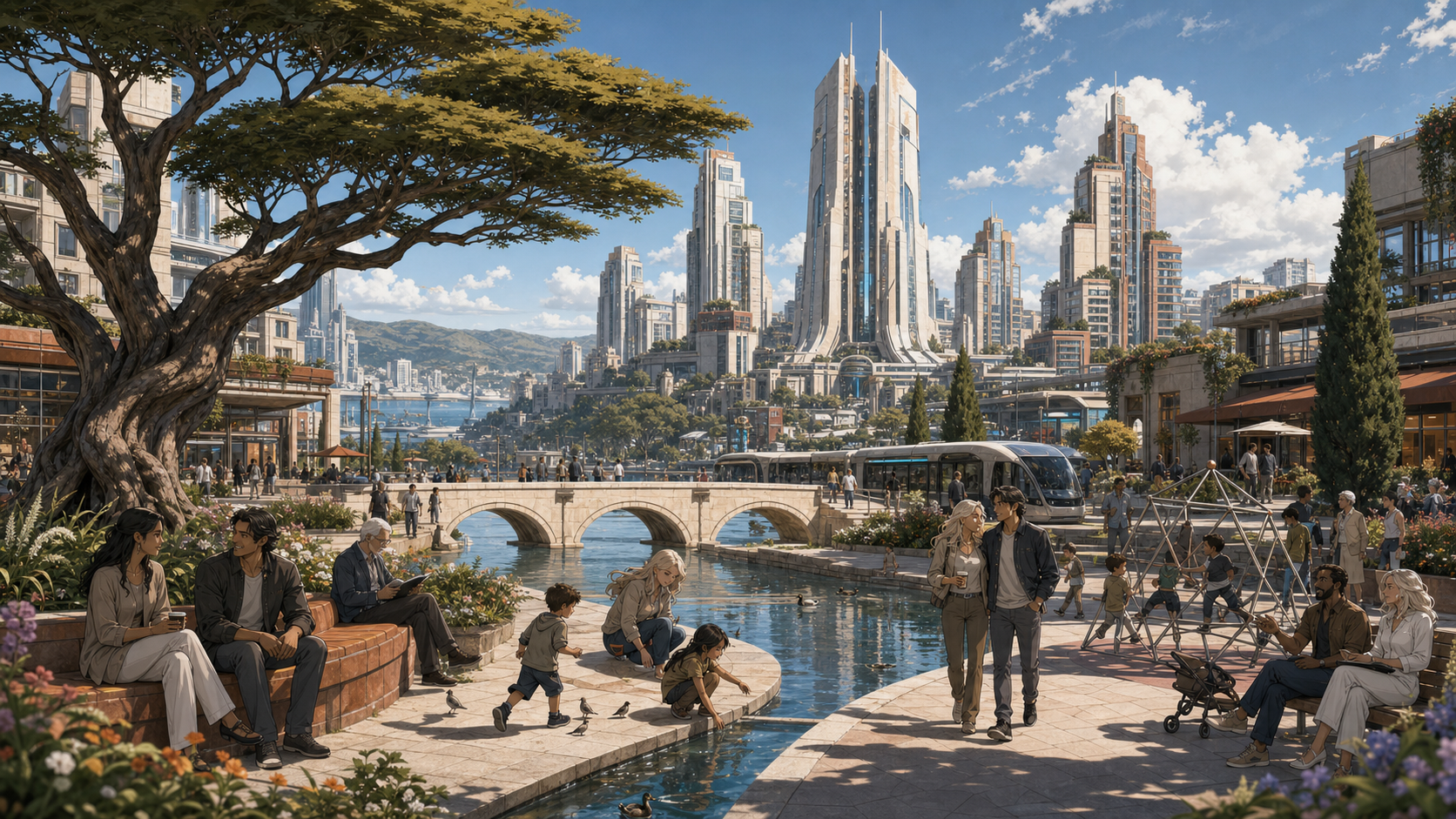 A shared colonial city of humans and Theari at its height — bridges, parks, children playing by water, modern transit.