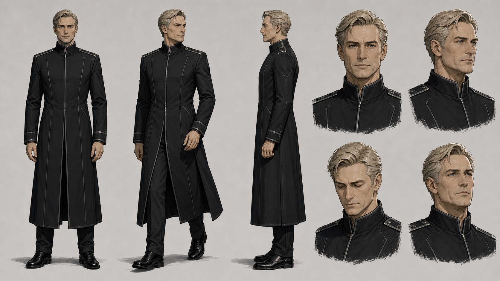 Character reference sheet of a Vanguard senior officer in a black high-collared coat with platinum hair — turnarounds and portrait studies.
