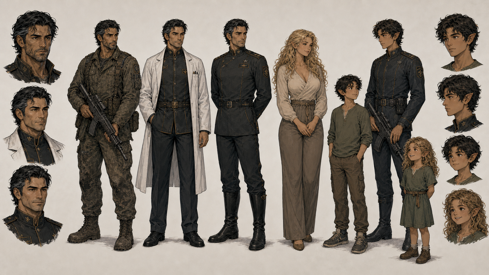 The Greykhok family reference sheet: Alexander as survivor, soldier, Dr. Sokolov, and Colonel; Irina; Danil; and a younger child, with surrounding portraits.