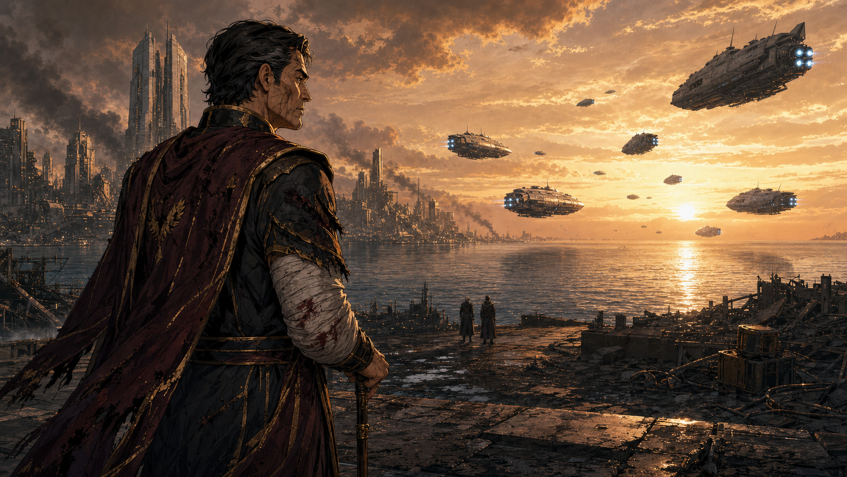 A wounded Concordian senator in a damaged brocade cloak watches ships leave on the horizon at sunset.