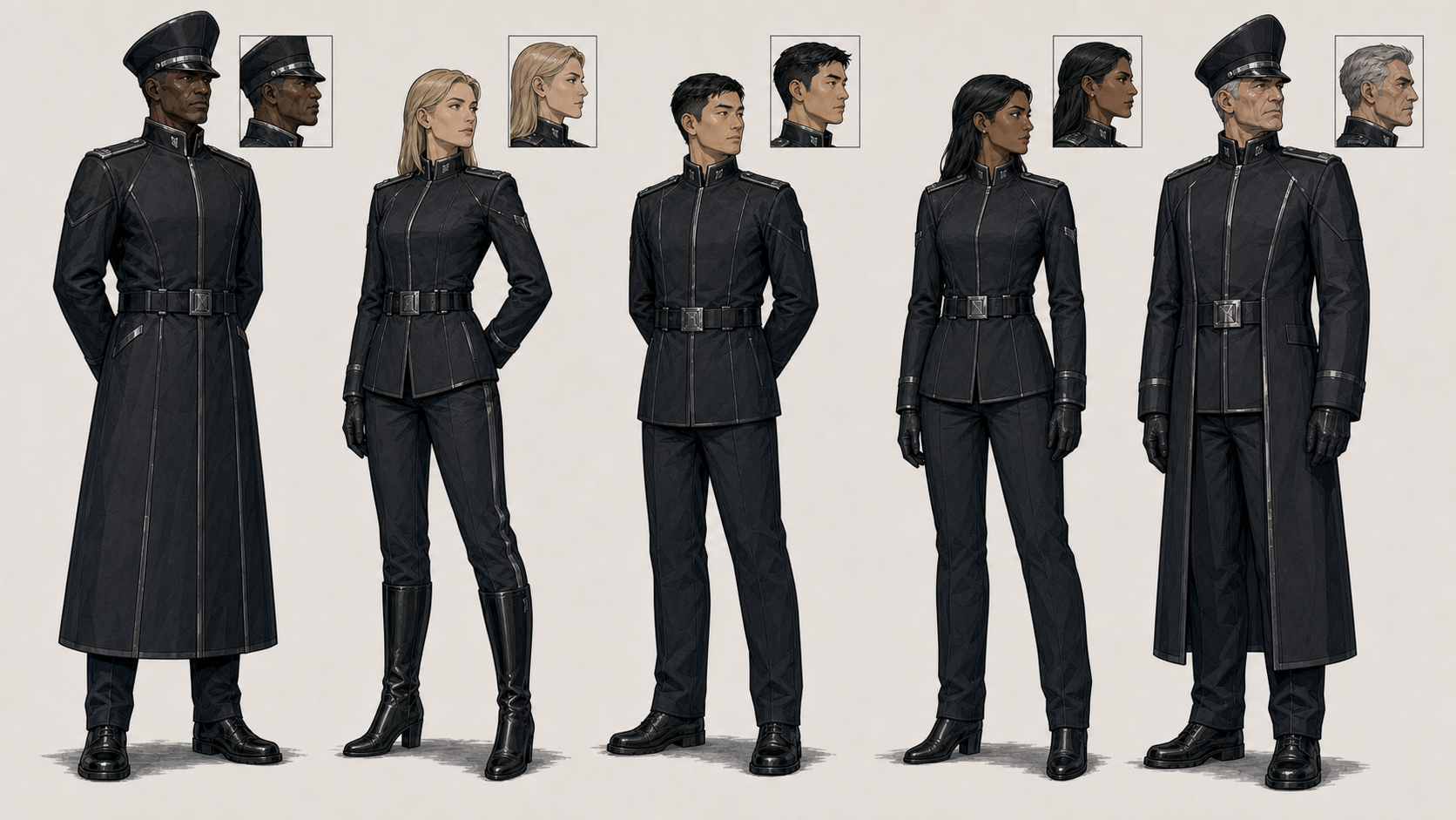Five Vanguard officers in black uniforms with rank variations — high collars, belts, boots.