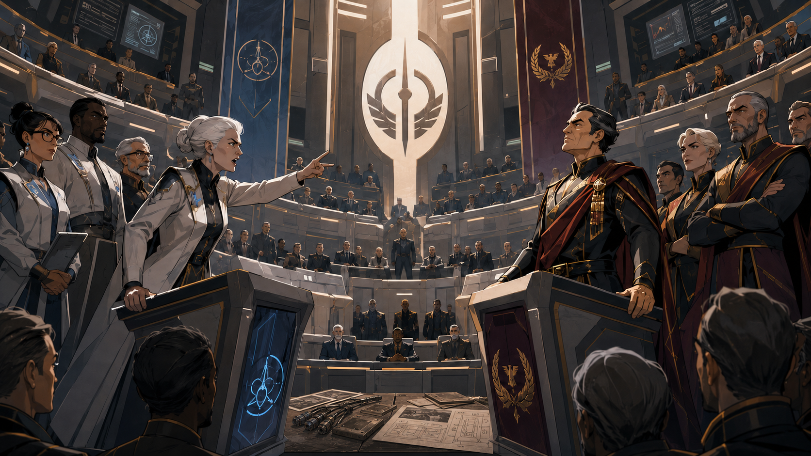 A cinematic senate confrontation from Tanks of Thea, with opposing factions divided by a winged emblem.