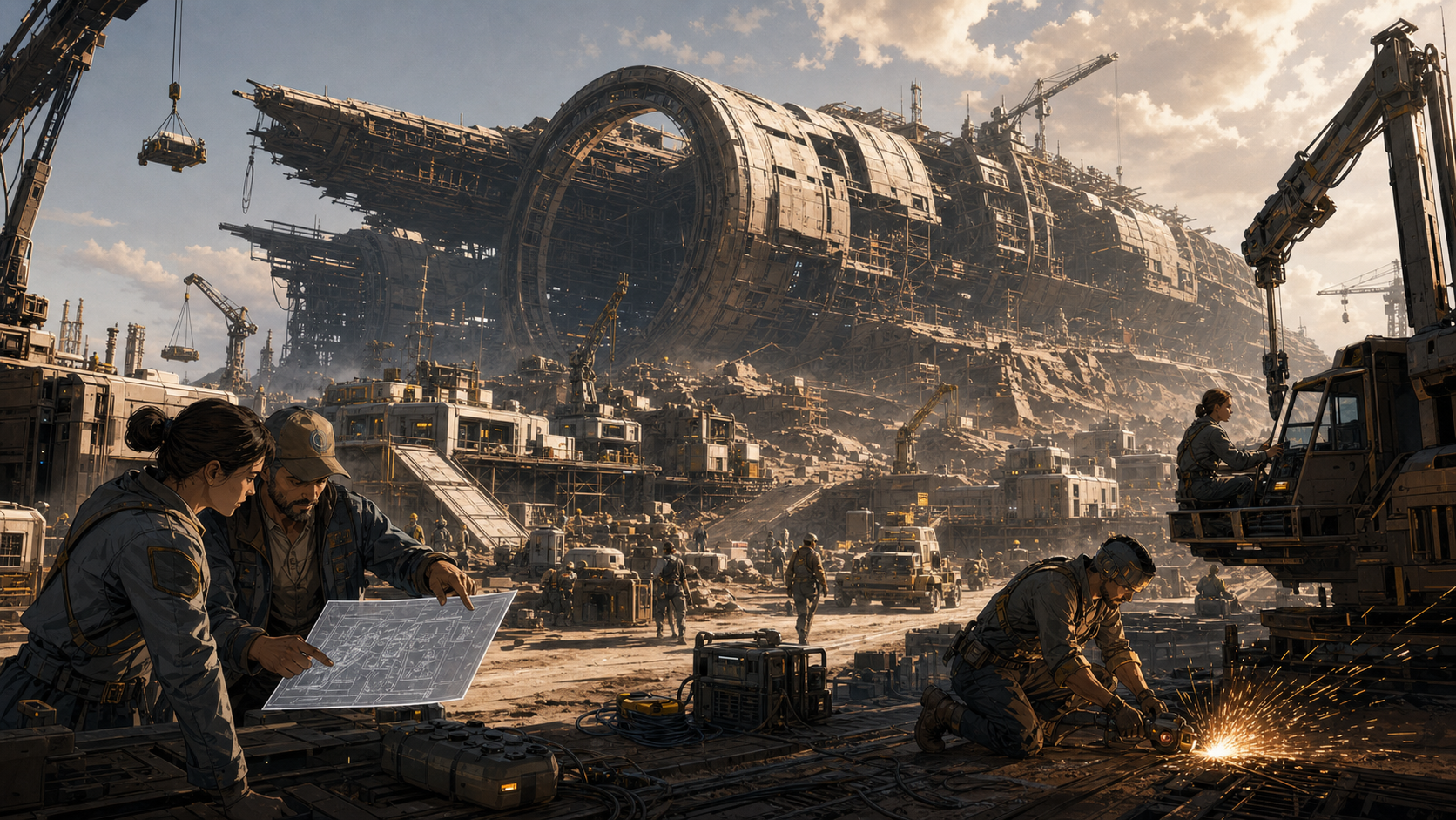 Colonists using cranes and scaffolds to dismantle UNS Thea into the first settlement, engineers studying blueprints, sparks flying.