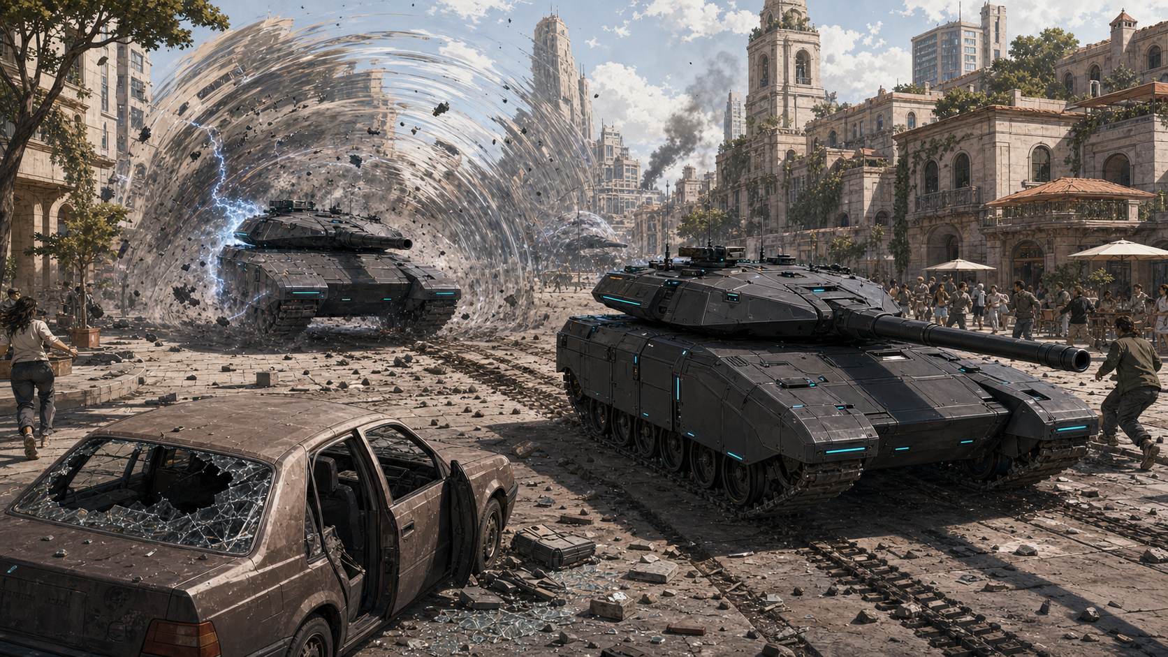 Vanguard tanks warping directly onto the streets of a Concordian city in a cyan flash — shattered vehicles, fleeing civilians.