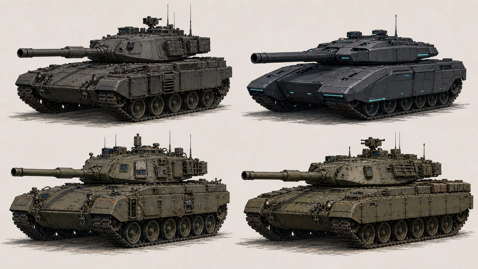 Four tank designs: Concordia heavy (angular, welded), Vanguard medium (sealed, graphite, cyan), and two Concordia variants.