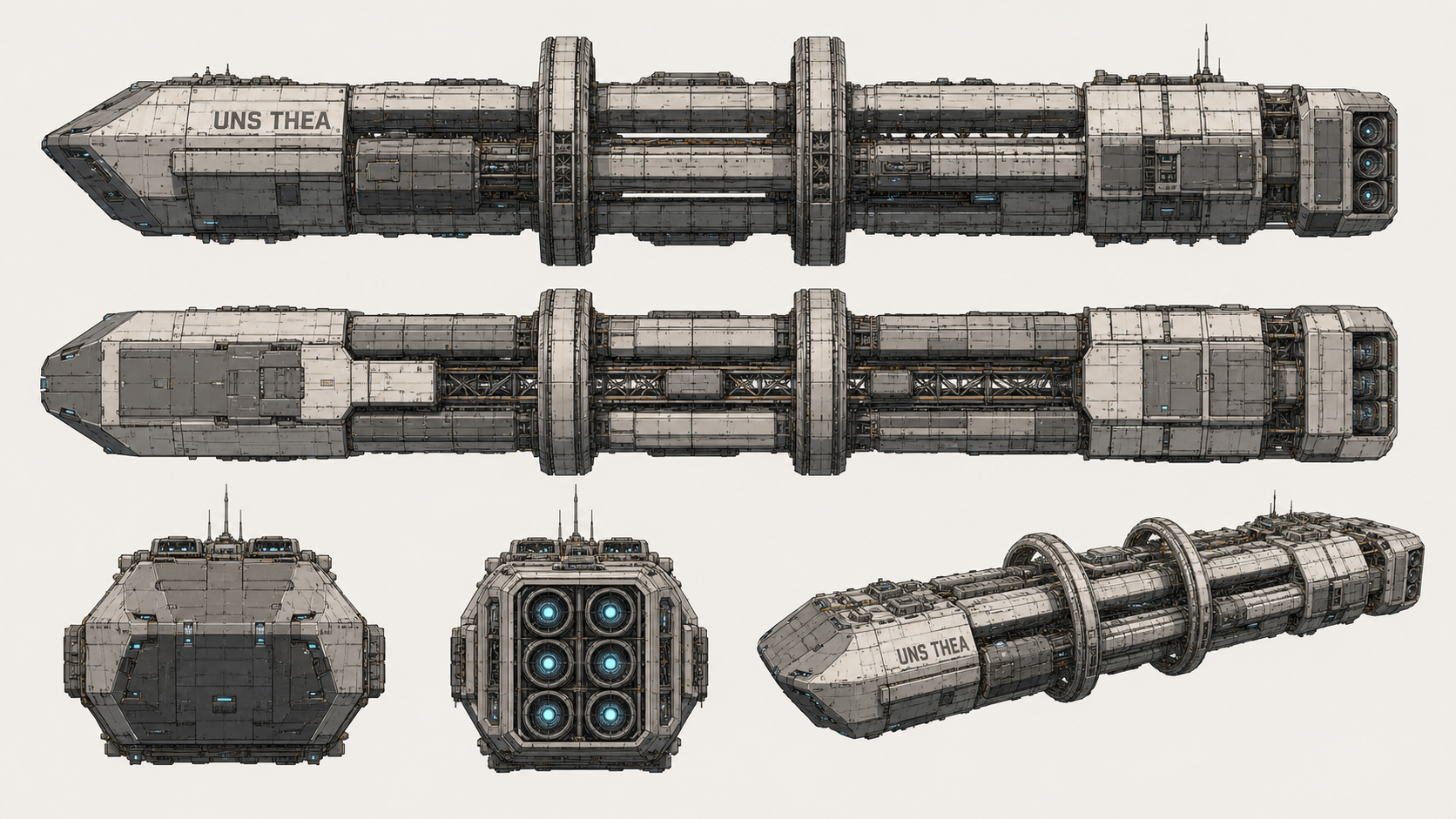 Orthographic reference sheet of the colony ark UNS Thea — two habitation spines, two rings, six nozzles in a 2×3 grid.