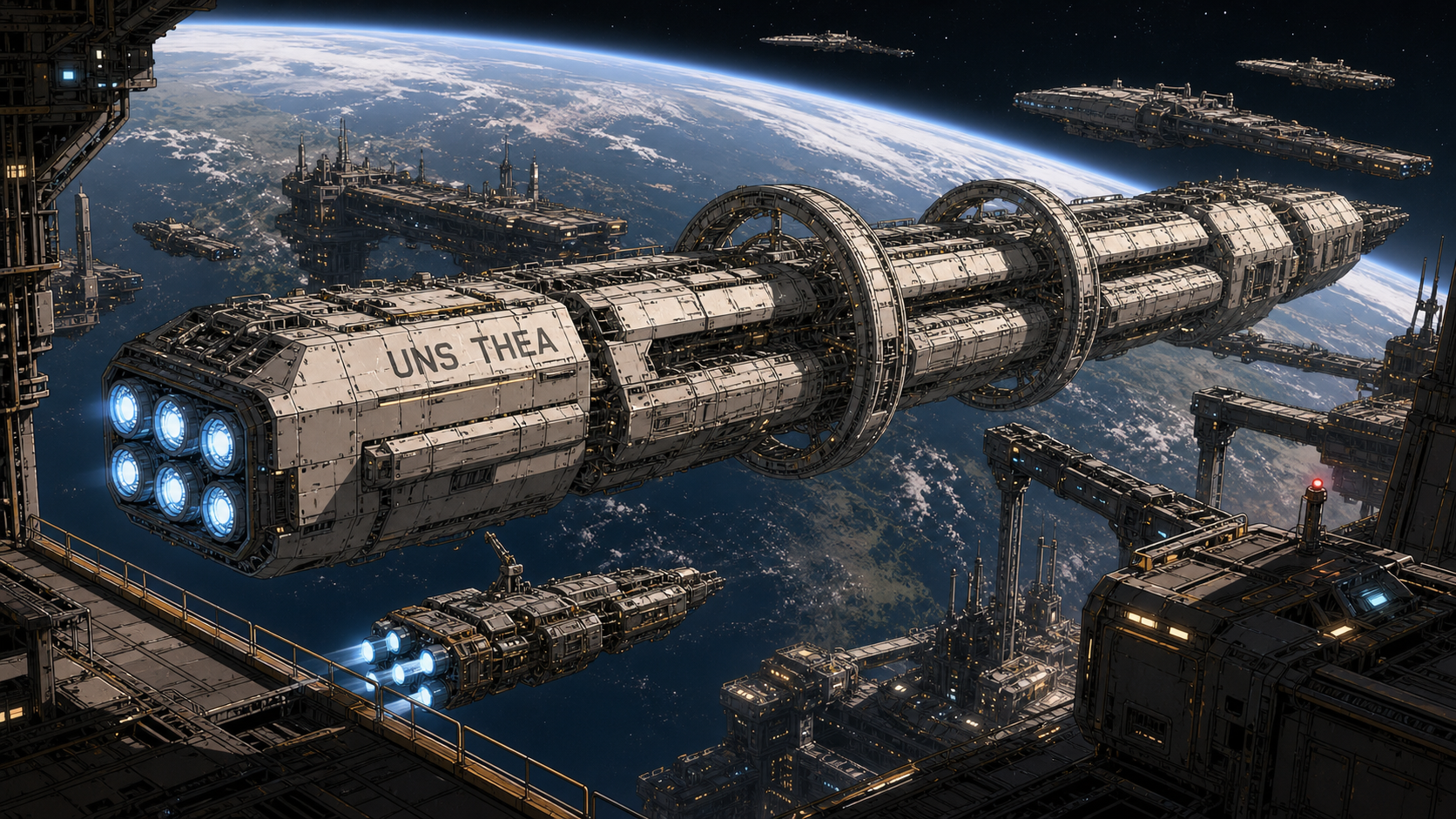 UNS Thea preparing to jump from Earth orbit among other colony ships and orbital shipyards.