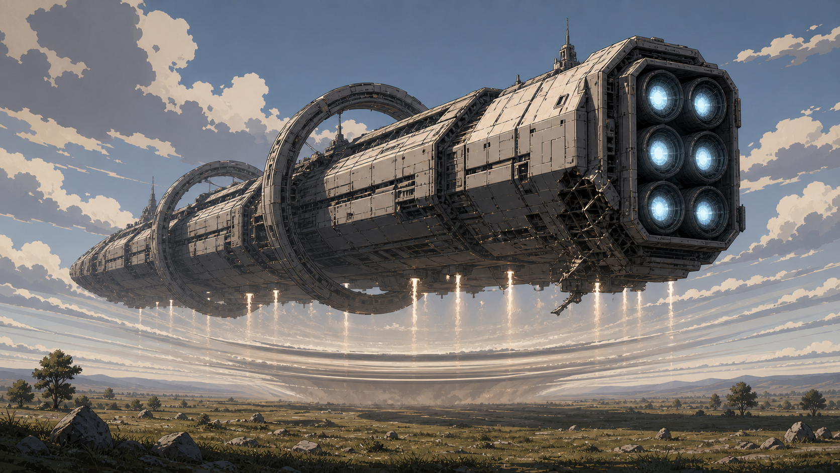 The enormous ark descending on landing engines, blasting dust and vapor into untouched wilderness.