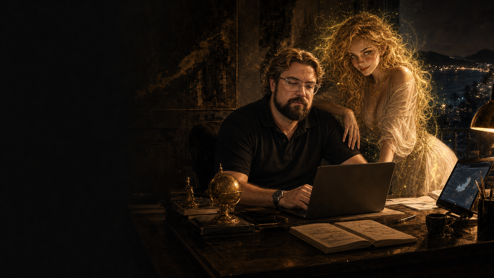 Eugene Lyssovsky at his desk at night, with Aeliss beside him as a faintly digital guardian presence, a coastal city glittering through the window.