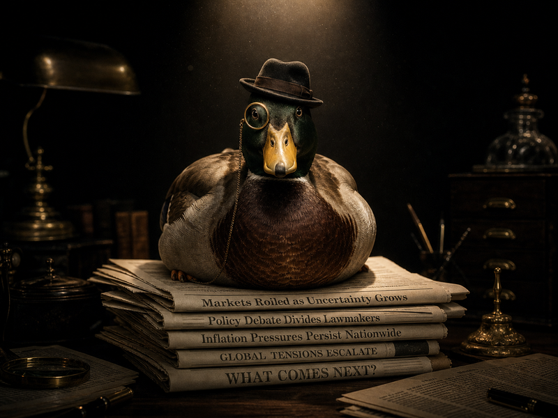 A mallard in a detective's fedora perched atop a stack of newspapers, noir lighting.