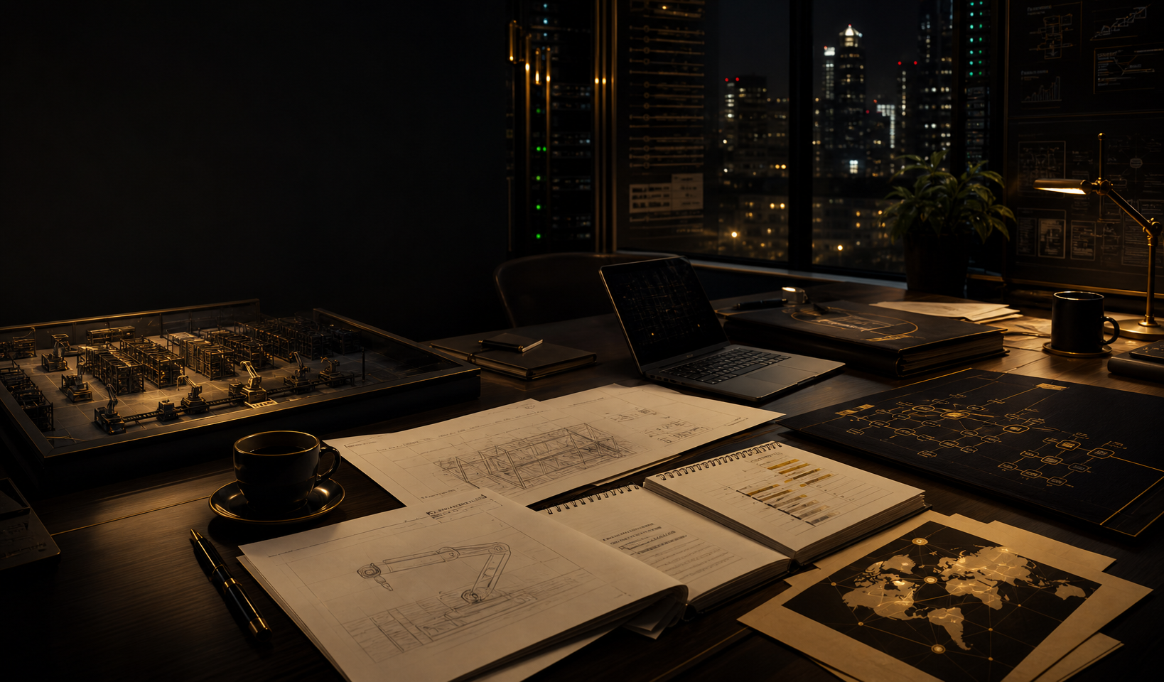 A calm executive technology desk at night with infrastructure diagrams, certification folders, and a city window.