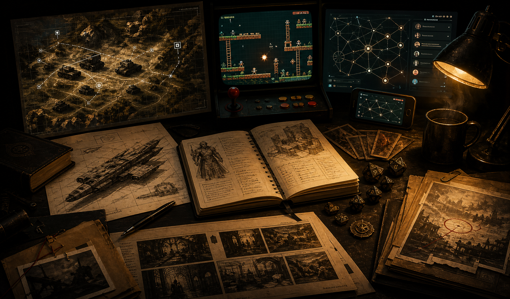 A lamplit creator's workbench with game maps, a retro arcade screen, a mesh messenger interface, notebooks, and colony-ship sketches.