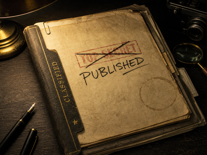 A leather research folder, the stamp 'REJECTED' struck through and 'Published' set above it.