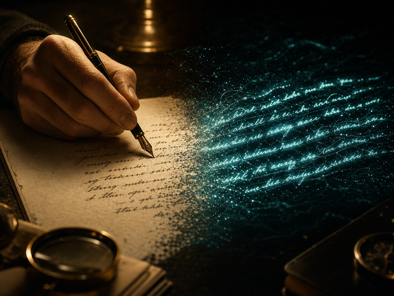 A hand writing by lamplight; a handwritten page on the left, a glowing thread of luminous script on the right.