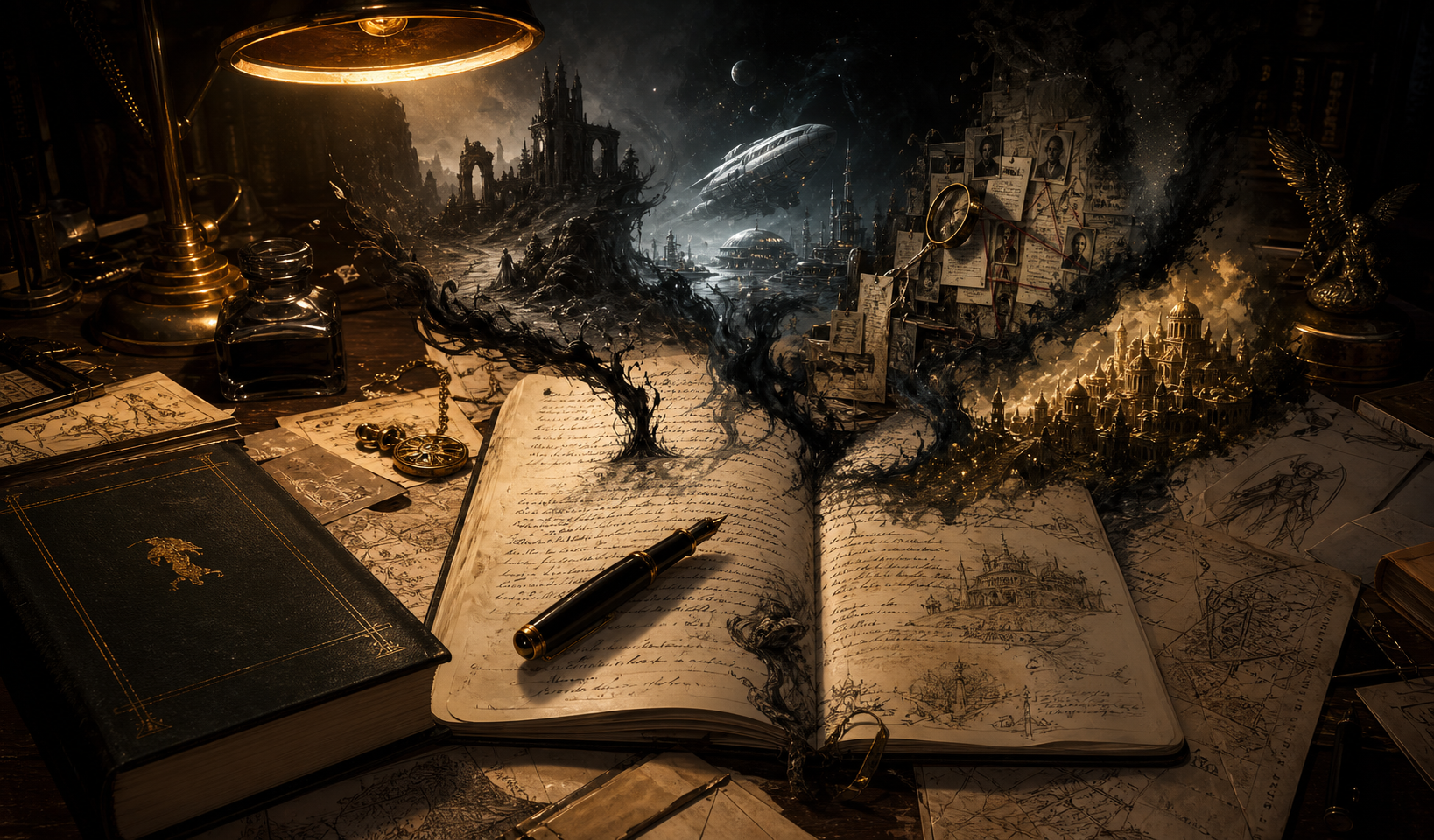 Manuscript pages on a dark author's desk opening into several imagined worlds under warm lamplight.