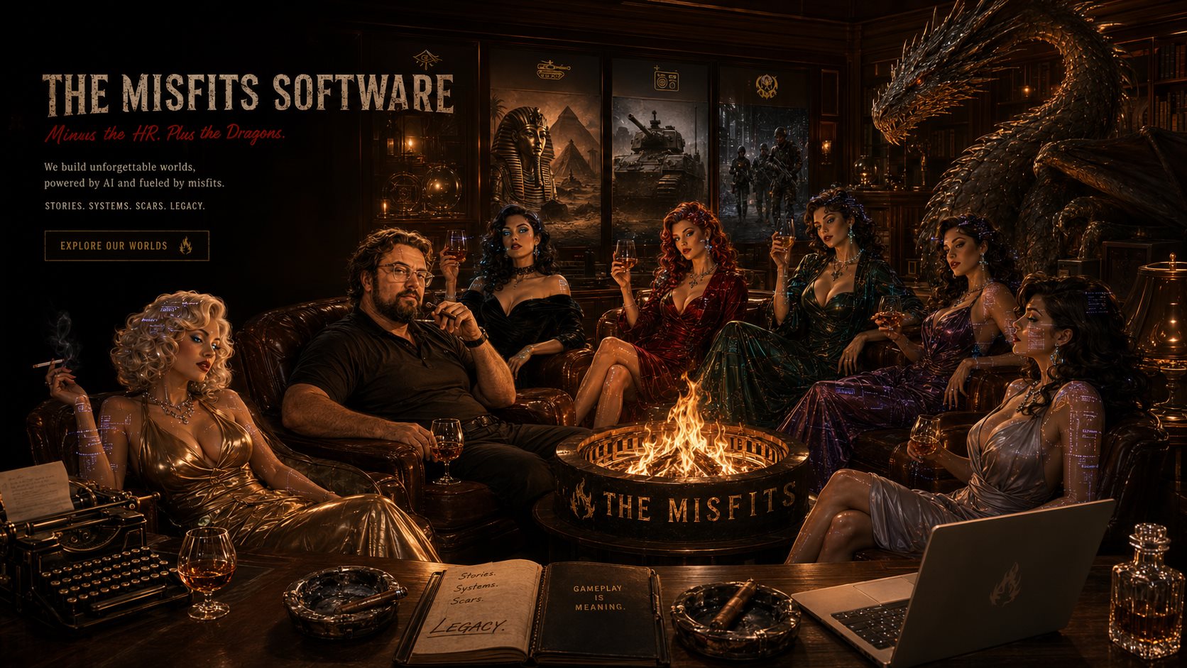 The Misfits Software studio: Eugene and the AI sisters around the fire, project posters on the wall, and the dragon watching.