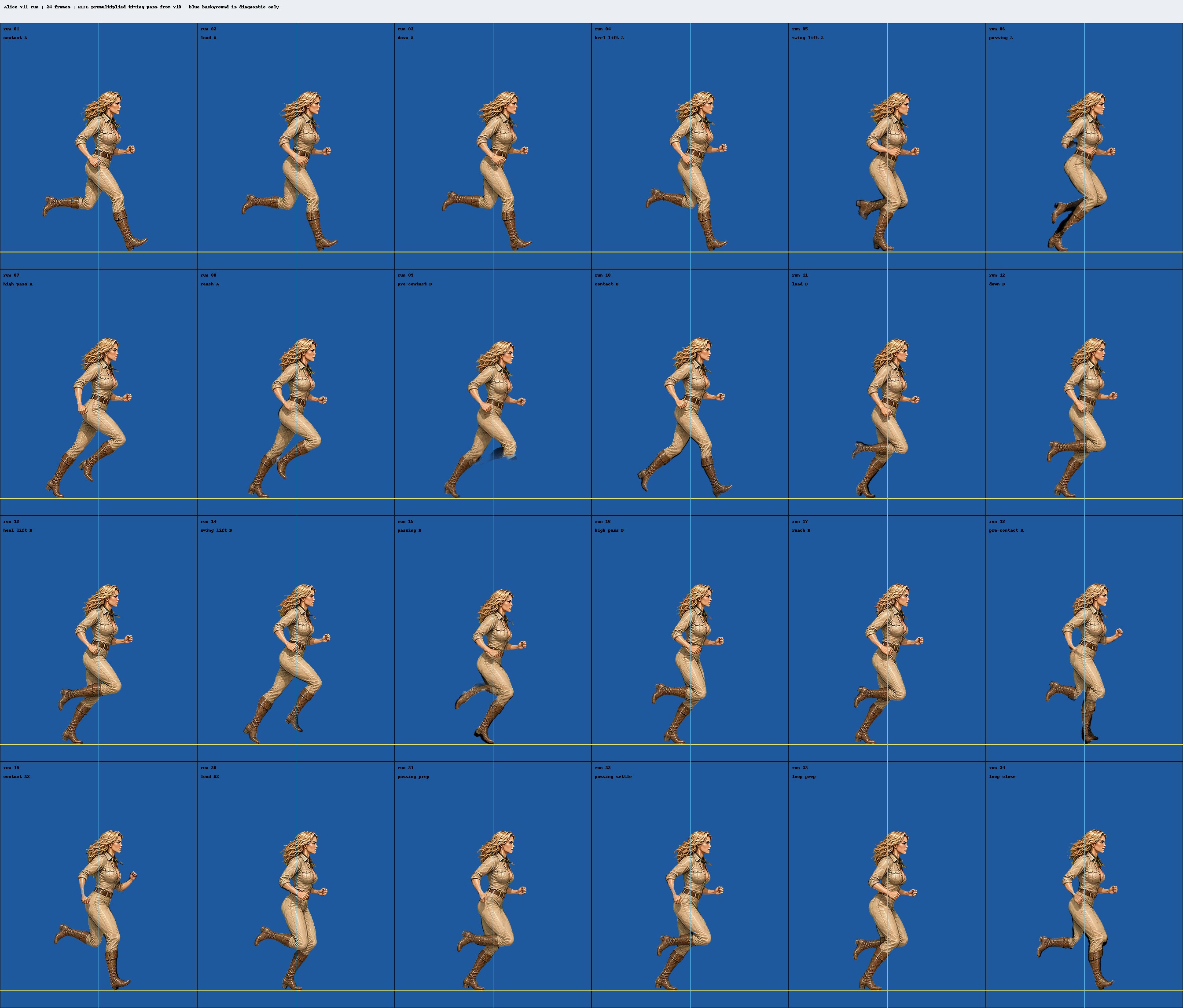 Numbered 24-frame Alice run animation diagnostic sheet.