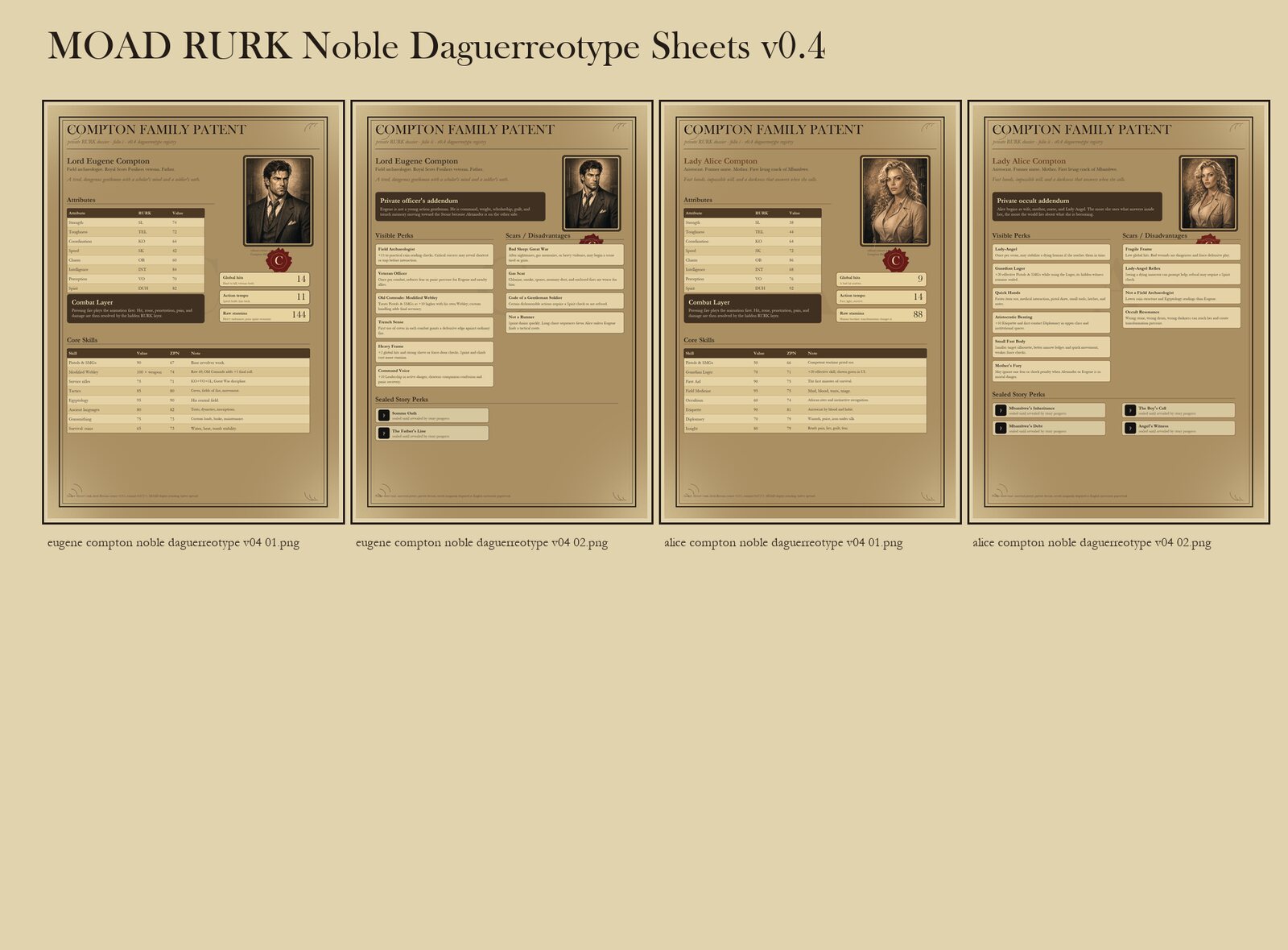 Noble daguerreotype character sheets for Lord Eugene and Lady Alice Compton.