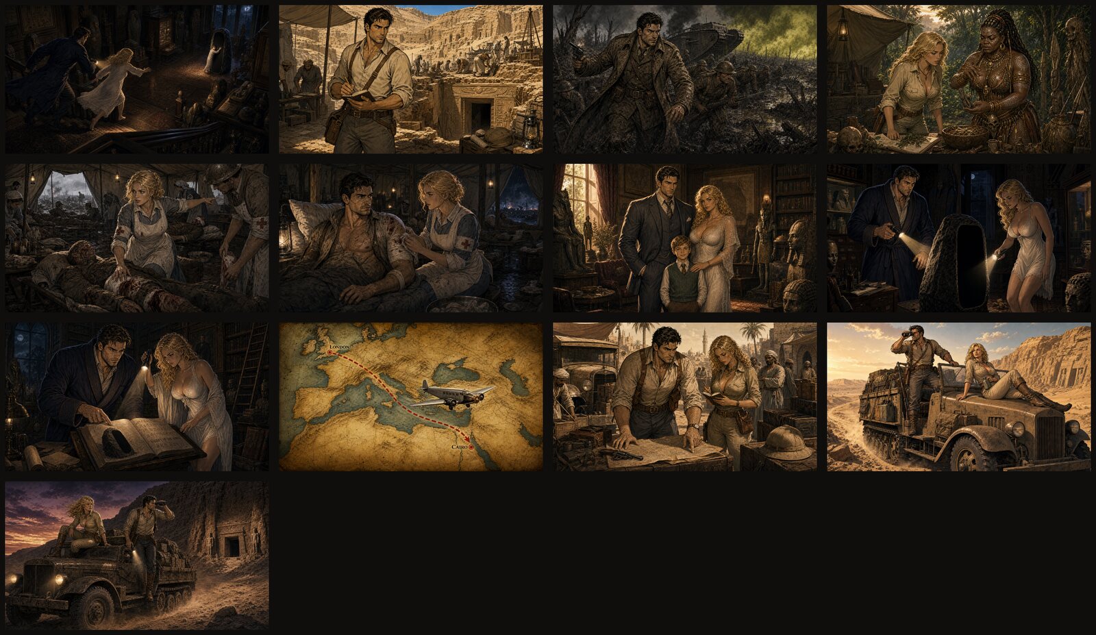 Contact sheet of the thirteen canonical prologue beats.