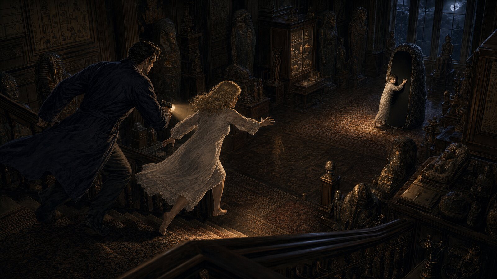 The Compton child is pulled into a black stone while his parents run toward him.