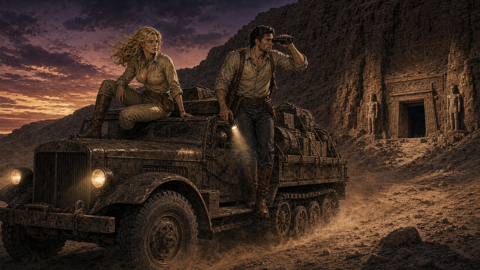 Lord and Lady Compton arrive alone at the tomb in a half-track.